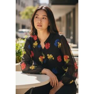 Judith Hart Collection Blouse 14 Vintage Y2K‎ Floral Black Ruffle Top Coquette